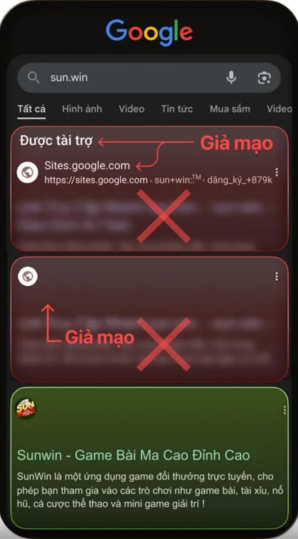 Chữ “SUN.win” trên logo thật rõ ràng, font chữ đồng bộ, trong khi logo giả thường sai font hoặc thêm ký tự lạ.